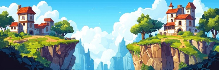 Wall Mural - Two Castles Perched on Cliffs with a Distant Mountain Range and Blue Sky