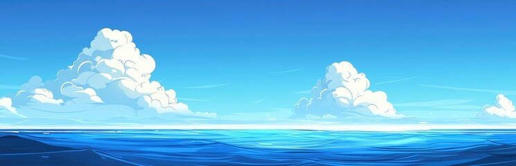 Wall Mural - A Calm Ocean Under a Blue Sky with Fluffy White Clouds