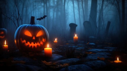 Spooky Halloween scene featuring glowing pumpkins and burning candles in front of an old wooden grave on a foggy night. The eerie atmosphere is enhanced with lens flare effects and highly detailed, ul