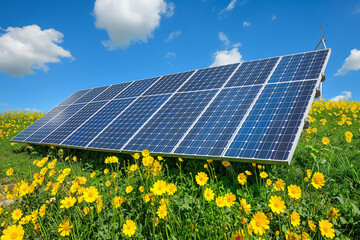 Solar Panel Amidst Blooming Wildflowers Under Blue Sky, large-scale green hydrogen production facility powered by solar panels and wind turbines, no emissions