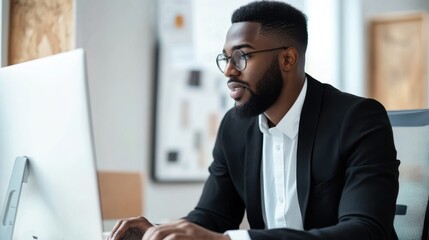 A business professional reviewing a candidate's portfolio on a desktop, impressed by the clean