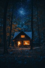 Poster - A cozy cabin glows with warm light in a moonlit forest.