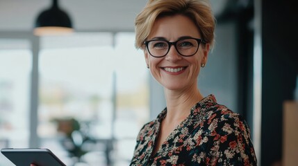 A cheerful middle-aged businesswoman, HR specialist, smiling with her tablet in hand,