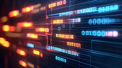 Abstract Digital Data Stream with Binary Code and Glowing Lights