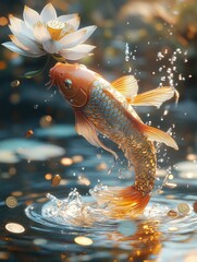 Wall Mural - Immerse yourself in serene waters with a koi fish leaping, surrounded by pearls, lotus blooms, and glistening coins.