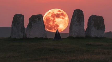 A chilling view of a full moon rising behind an ancient stone circle on Friday the 13th, with an