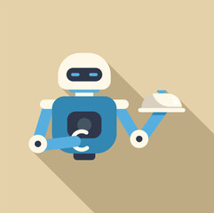 Poster - Friendly robot waiter serving food holding a covered tray, perfect for projects related to automation in the food industry