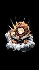 Poster - Lion Family Reading a Book on a Cloud