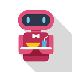 Poster - Pink robot waiter holding a tray with food and drink icon in flat style on a white background