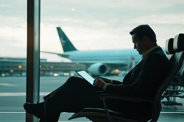 A businessman working on a laptop at the airport, with a plane seen through the window in the background during twilight.