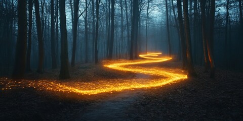 A glowing path winds through a dark and mysterious forest.