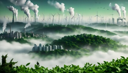 Wall Mural - Cityscape Through the Mist Amidst Lush Forests and Wind Turbines