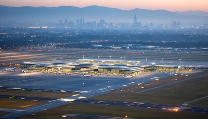 Sticker - Stunning Aerial Perspective of Airport Runway Nestled Amid Vibrant Cityscape