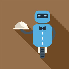 Poster - Blue robot waiter holding a covered tray on brown background