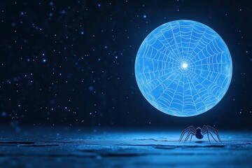 Poster - A small glowing spider stands before a large cosmic web-shaped sphere floating in the starry sky. The scene evokes a futuristic, surreal, and cosmic fantasy theme with luminous, otherworldly light.
