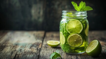 Aufkleber - Homemade Lime Mint Lemonade in Mason Jar on Rustic Wooden Table
