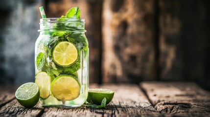 Aufkleber - Homemade Lime Mint Lemonade in Mason Jar on Rustic Wooden Table