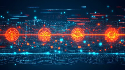Abstract Digital Network with Glowing Circles and Data Lines