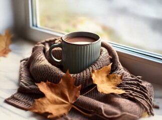 A blue mug of hot beverage rests in a soft brown knitted scarf, accompanied by two fallen autumn leaves.