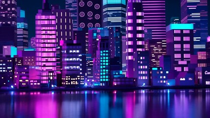 Poster - Vibrant Neon-Lit City Skyline Reflecting on Tranquil Water at Night Generative AI