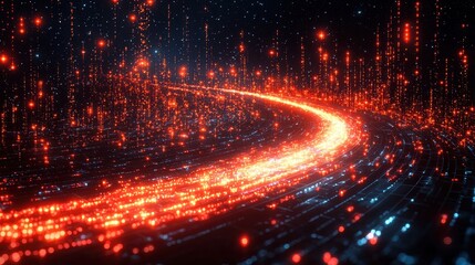Poster - Vibrant digital landscape of glowing lines and particles depicting a futuristic journey through a cosmic space