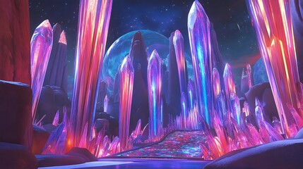 Poster - A path leads through a field of glowing crystals under a starry night sky with a giant moon in the background.