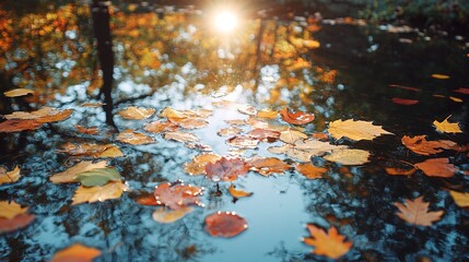 Fall season landscape, fallen leaves floating on water and autumnal sun through tree foliage 