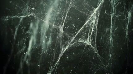 Closeup of Cobweb with Dust Particles on Dark Background