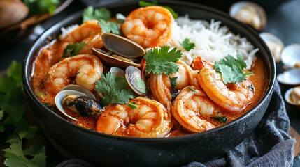 Closeup of a bowl of seafood curry with shrimp, clams, rice, and cilantro.