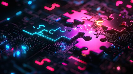 Poster - Glowing neon puzzle pieces aligning perfectly on a futuristic digital interface, symbolizing API integration