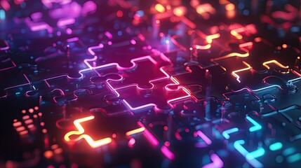 Poster - Glowing neon puzzle pieces combining on a high-tech platform, symbolizing API integration for seamless data flow