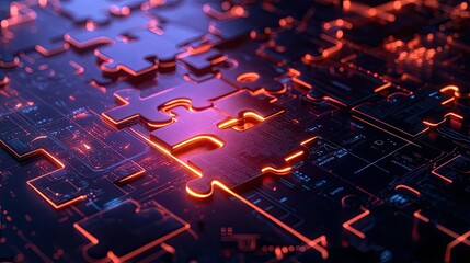 Poster - Glowing neon puzzle pieces combining on a high-tech platform, symbolizing API integration for seamless data flow