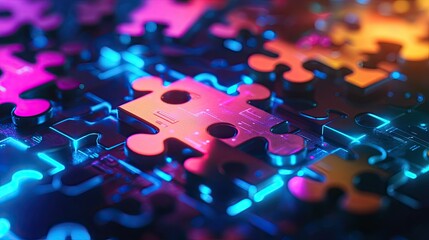 Poster - Glowing neon puzzle pieces combining on a high-tech platform, symbolizing API integration for seamless data flow