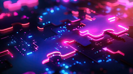 Poster - Glowing neon puzzle pieces connecting in a digital environment, symbolizing API integration and data flow