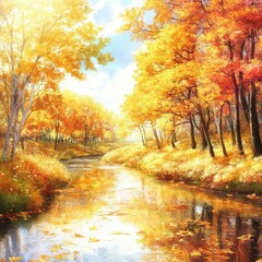  Golden autumn forest with a river running through it, reflecting the vibrant colors of the leaves under a bright sky.