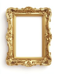 A detailed, ornate, and golden picture frame with intricate, elegant scrollwork is isolated on a white background.