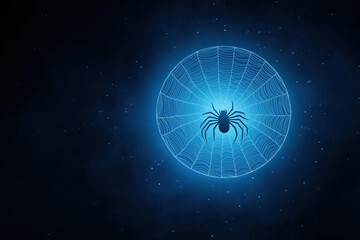 Poster - Cyber Spider: Glowing digital spider in a web, dark blue background, futuristic, technology, abstract