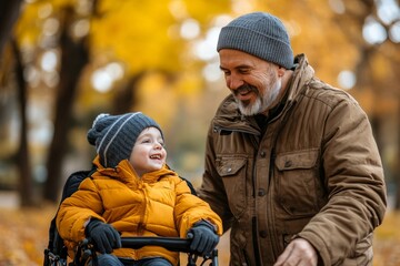 Happy senior father with his young son with Down syndrome embracing and sitting in park, Generative AI