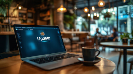 Poster - Laptop is displaying an update screen in a busy coffee shop
