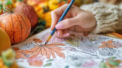Poster - Woman painting autumn still life with pumpkins and flowers