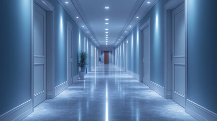 Poster - A long, empty hallway with white doors and blue walls.