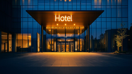 Aufkleber - Modern hotel building entrance lit up at night