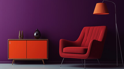 Poster - Modern living room with red armchair and orange commode standing on violet wall background