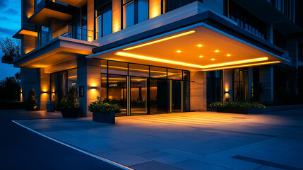 Poster - Modern office building entrance lit up at night