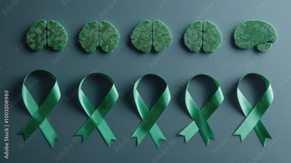 Green ribbon alongside human brain icons, representing mental health ...