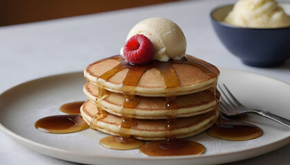 Wall Mural - stack of pancakes with a scoop of vanilla ice cream on top