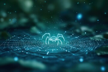 Aufkleber - Cyber Spider in Digital Web: Abstract digital spider on glowing teal web, futuristic tech concept.  