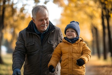 Happy senior father with his young son with Down syndrome embracing and sitting in park, Generative AI