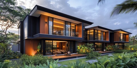 Aufkleber - Modern house with wood and black accents, large windows, and a lush garden.