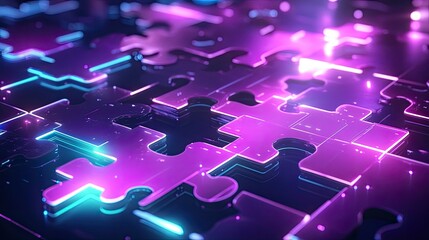 Poster - Interlocking neon puzzle pieces floating on a futuristic background, showcasing efficient API integration